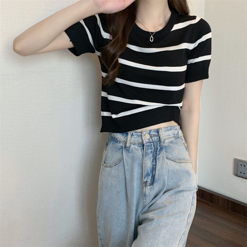 Stripe Patterned Women's Tee Made of Soft Fabric Perfect for Warm Weather - Picture 14 of 28