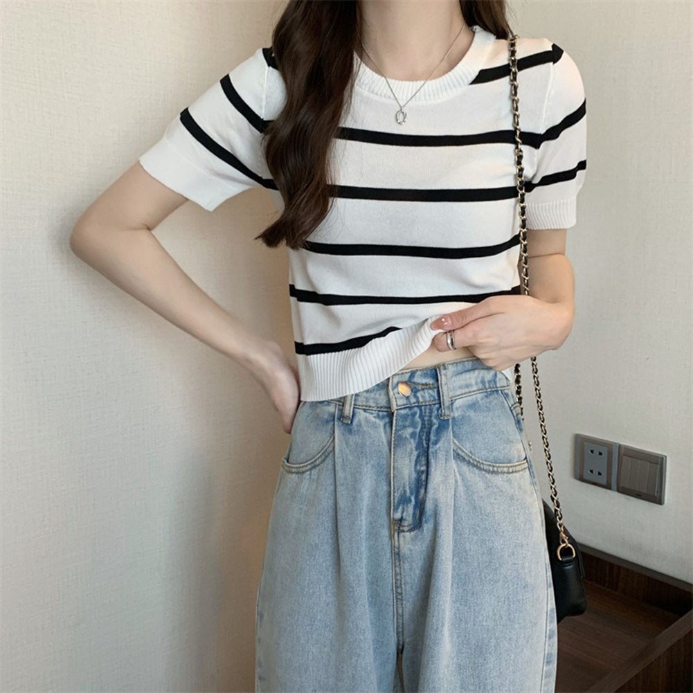 Stripe Patterned Women's Tee Made of Soft Fabric Perfect for Warm Weather - Picture 19 of 28