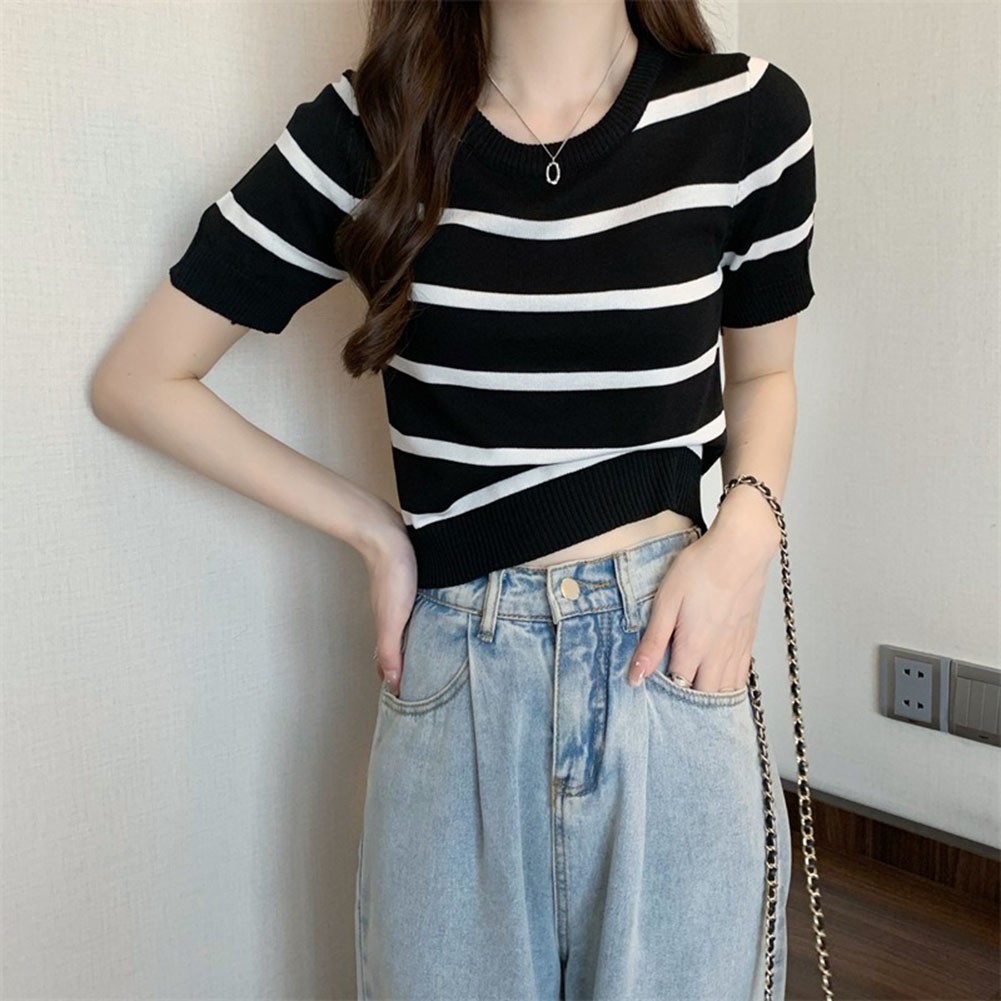 Stripe Patterned Women's Tee Made of Soft Fabric Perfect for Warm Weather - Picture 16 of 28