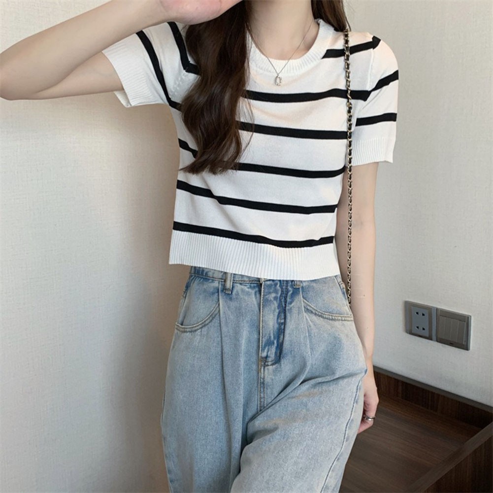 Stripe Patterned Women's Tee Made of Soft Fabric Perfect for Warm Weather - Picture 17 of 28