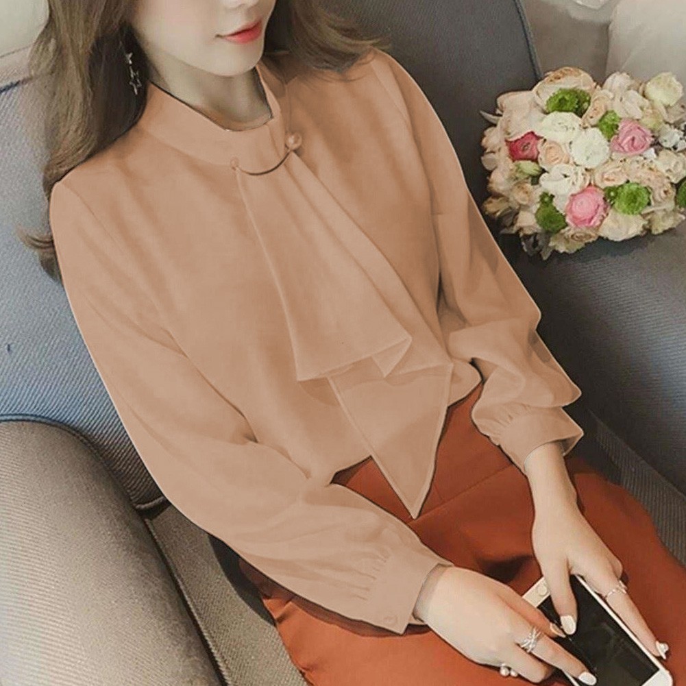 Womens Trendy Spring Autumn Shirt with Elegant Bow Tie and Brooch Detail