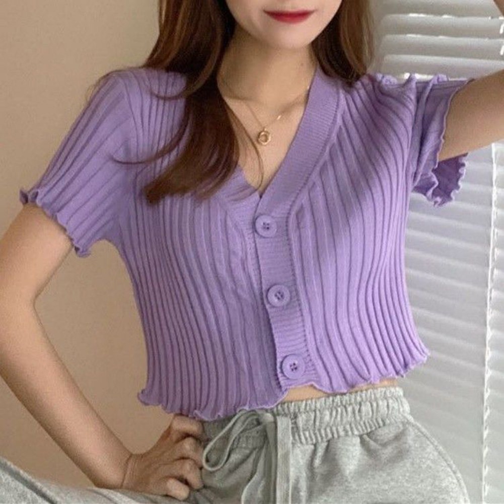 Lightweight Womens Knit Shirt with Short Sleeves and Retro V Neck Style - Picture 15 of 22