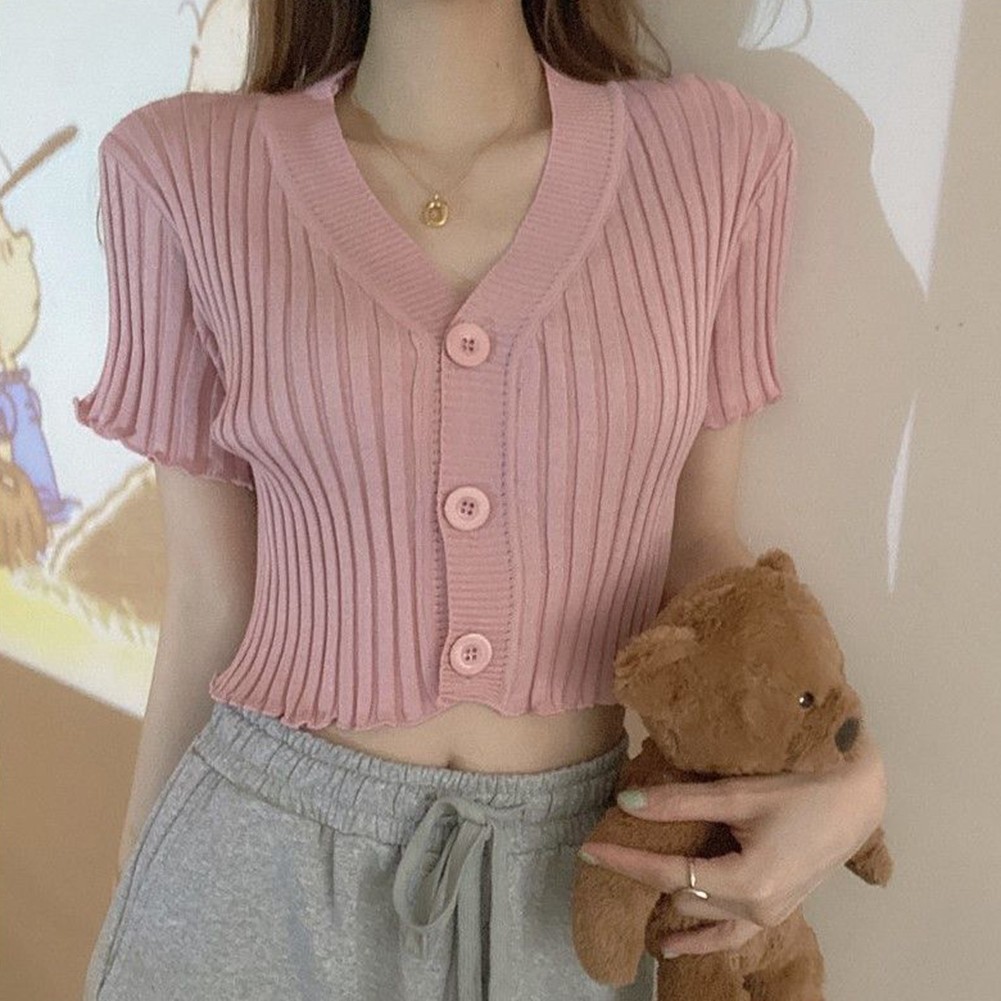 Lightweight Womens Knit Shirt with Short Sleeves and Retro V Neck Style - Picture 13 of 22