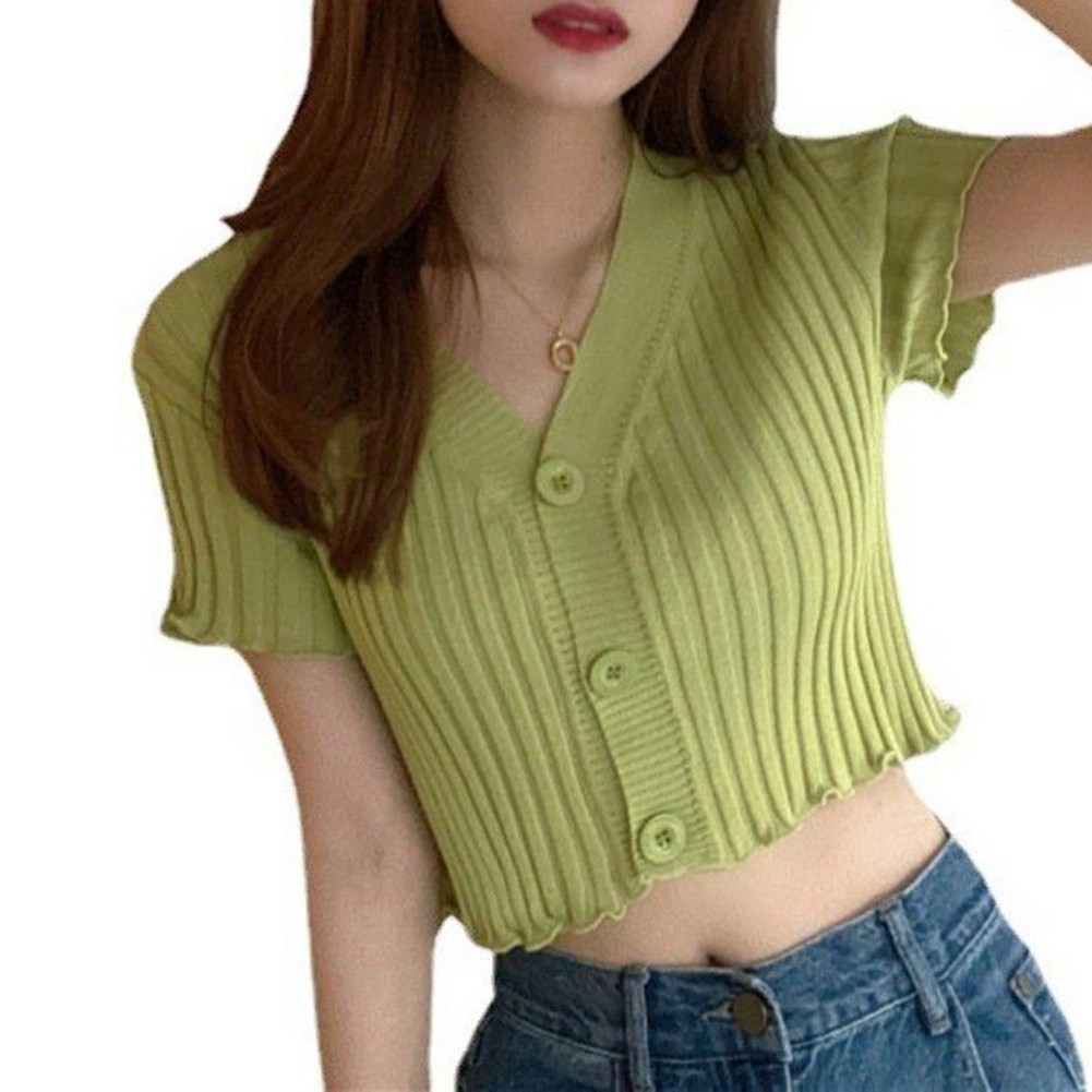 Lightweight Womens Knit Shirt with Short Sleeves and Retro V Neck Style - Picture 18 of 22