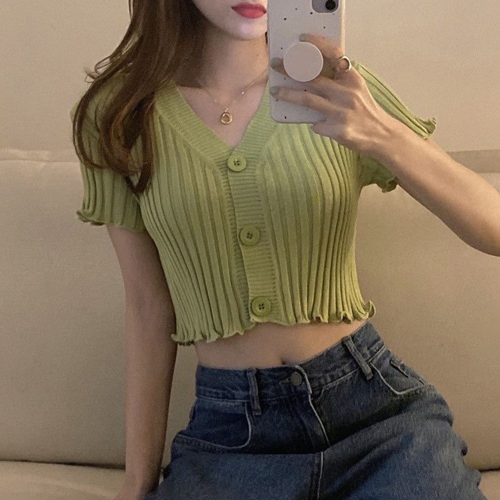 Lightweight Womens Knit Shirt with Short Sleeves and Retro V Neck Style - Picture 17 of 22