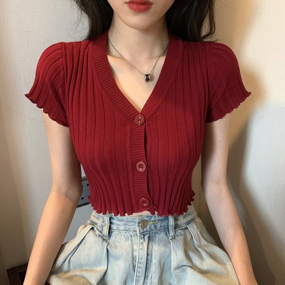 Lightweight Womens Knit Shirt with Short Sleeves and Retro V Neck Style - Picture 20 of 22