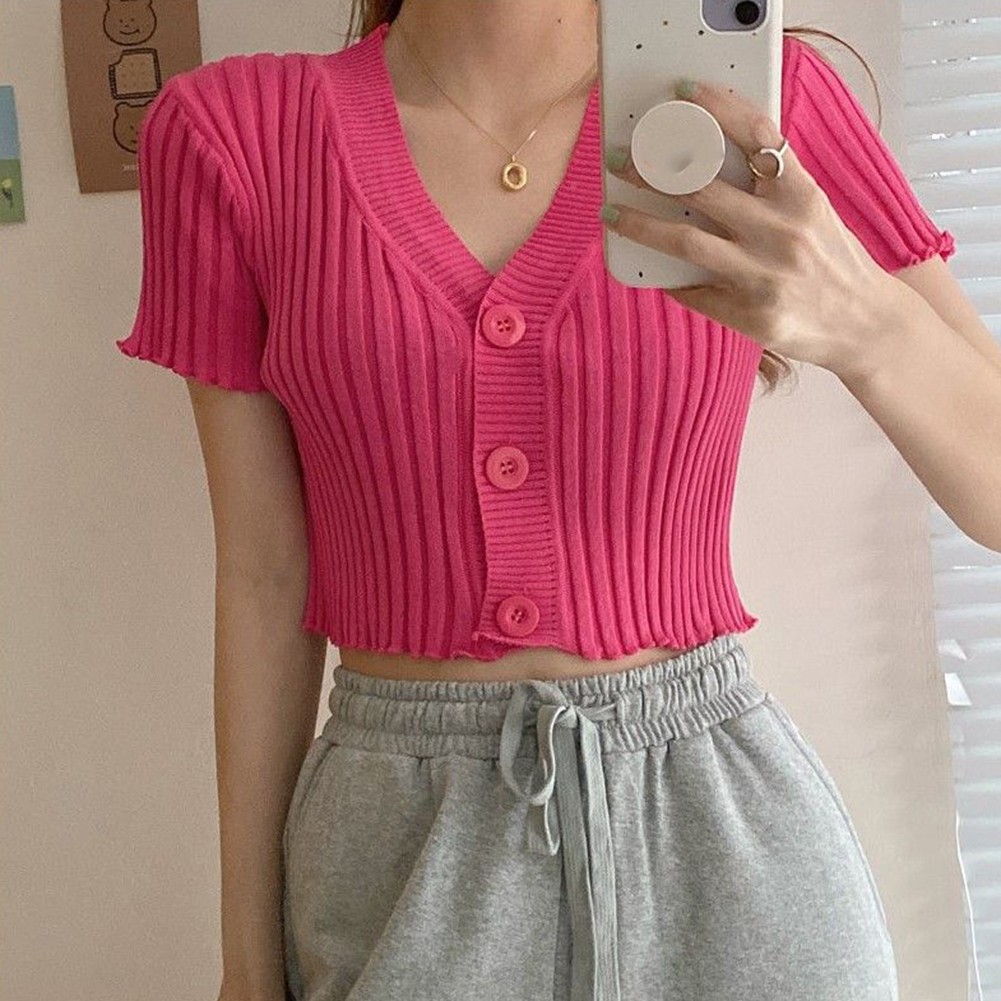 Lightweight Womens Knit Shirt with Short Sleeves and Retro V Neck Style - Picture 21 of 22