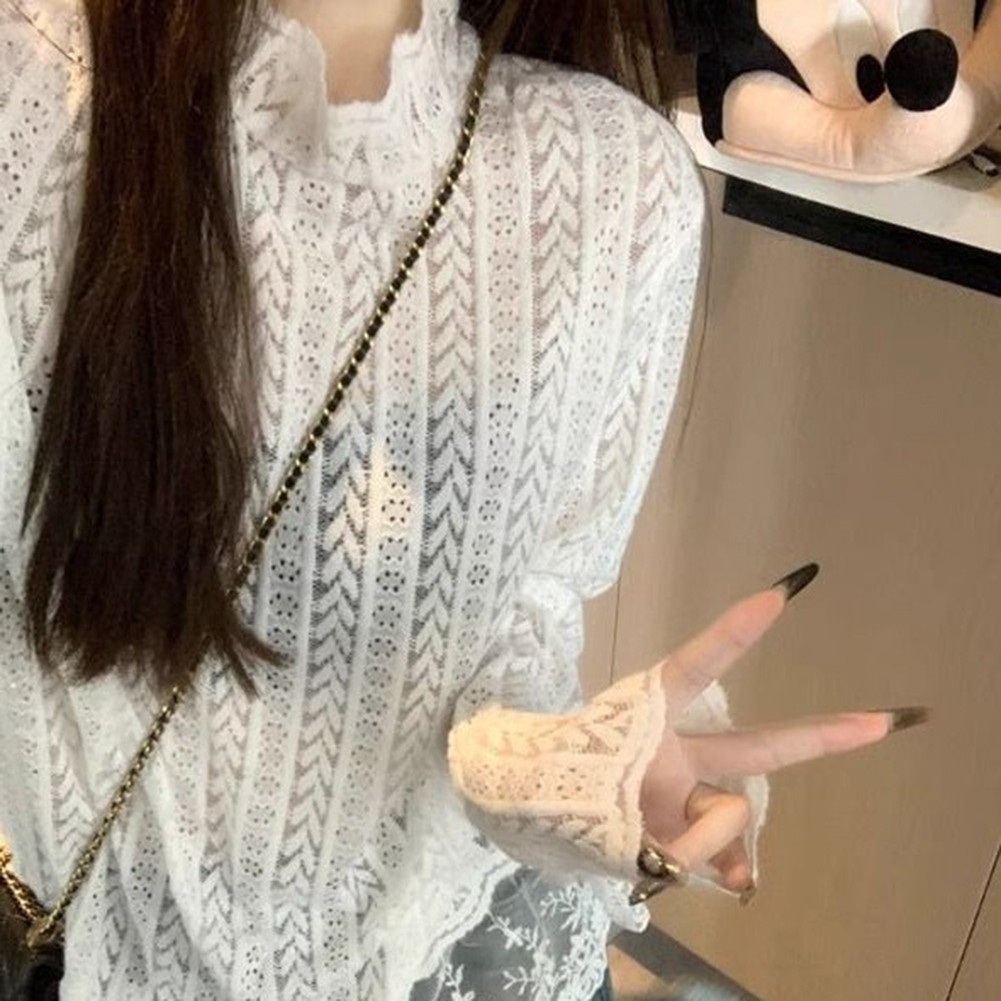 Slightly Transparent Women's Top with Lace Features for Casual Occasions - Picture 14 of 28