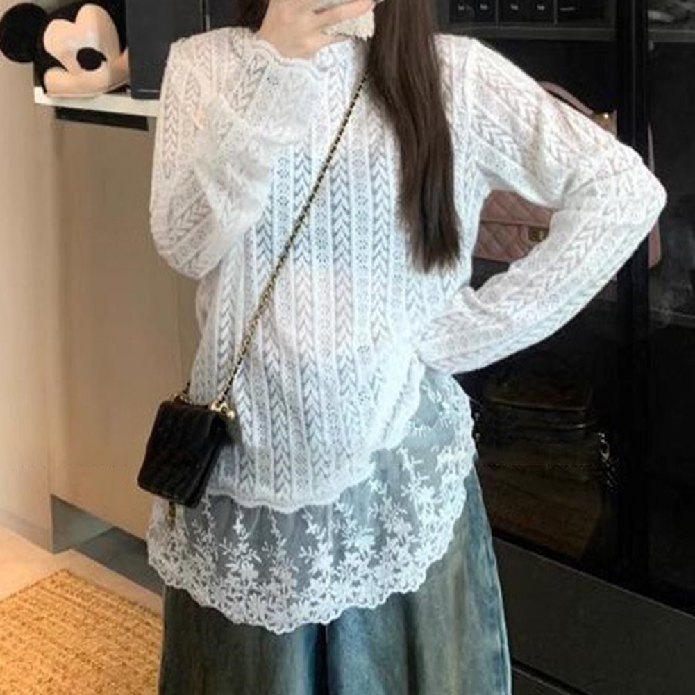Slightly Transparent Women's Top with Lace Features for Casual Occasions - Picture 13 of 28