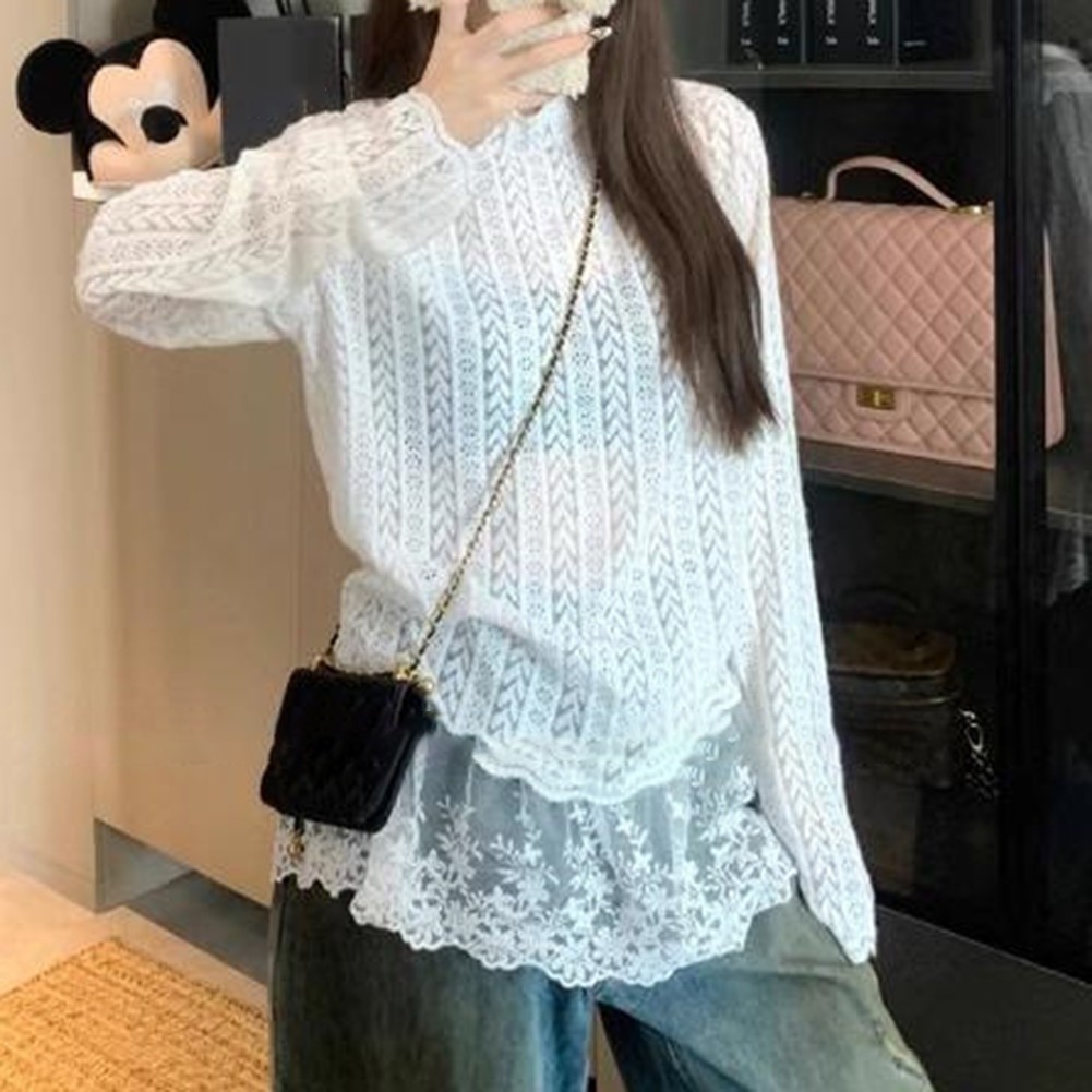 Slightly Transparent Women's Top with Lace Features for Casual Occasions - Picture 16 of 28