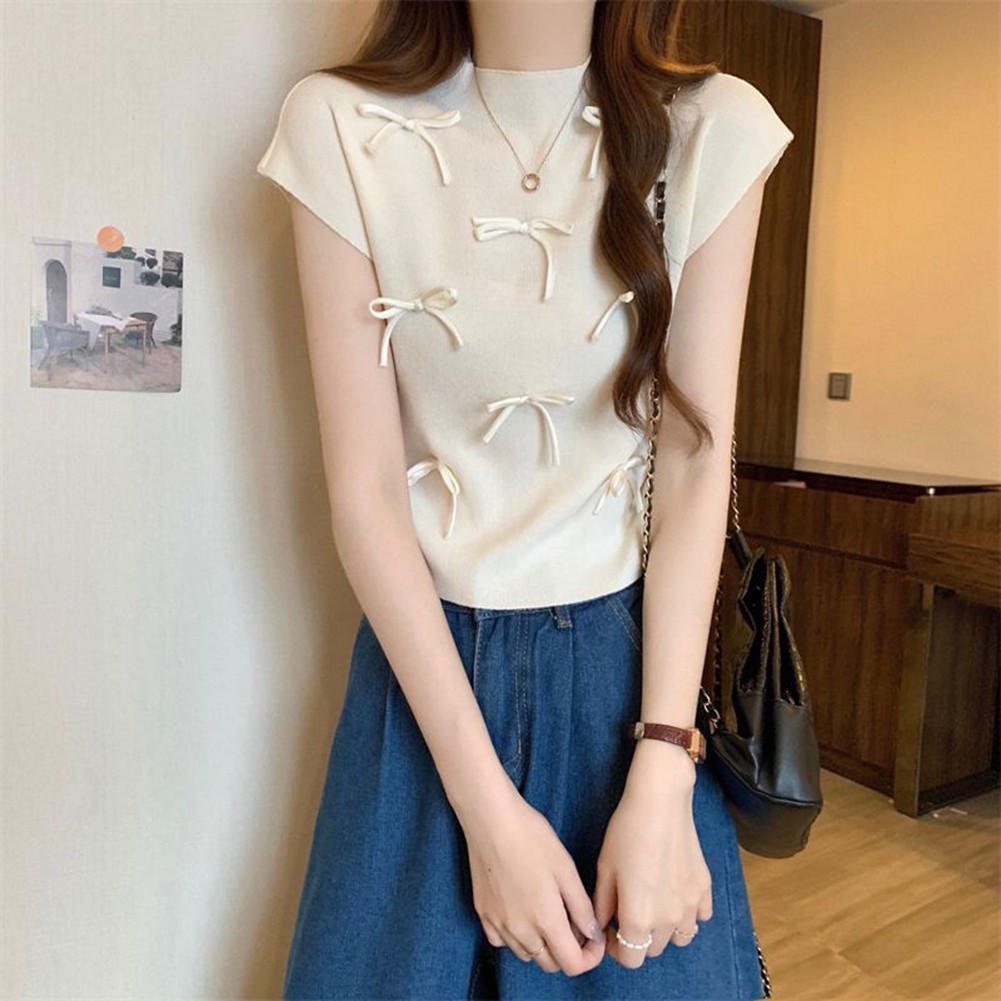 Lightweight Womens Bow Turtleneck Tee with Short Sleeves for Casual Wear - Picture 23 of 27