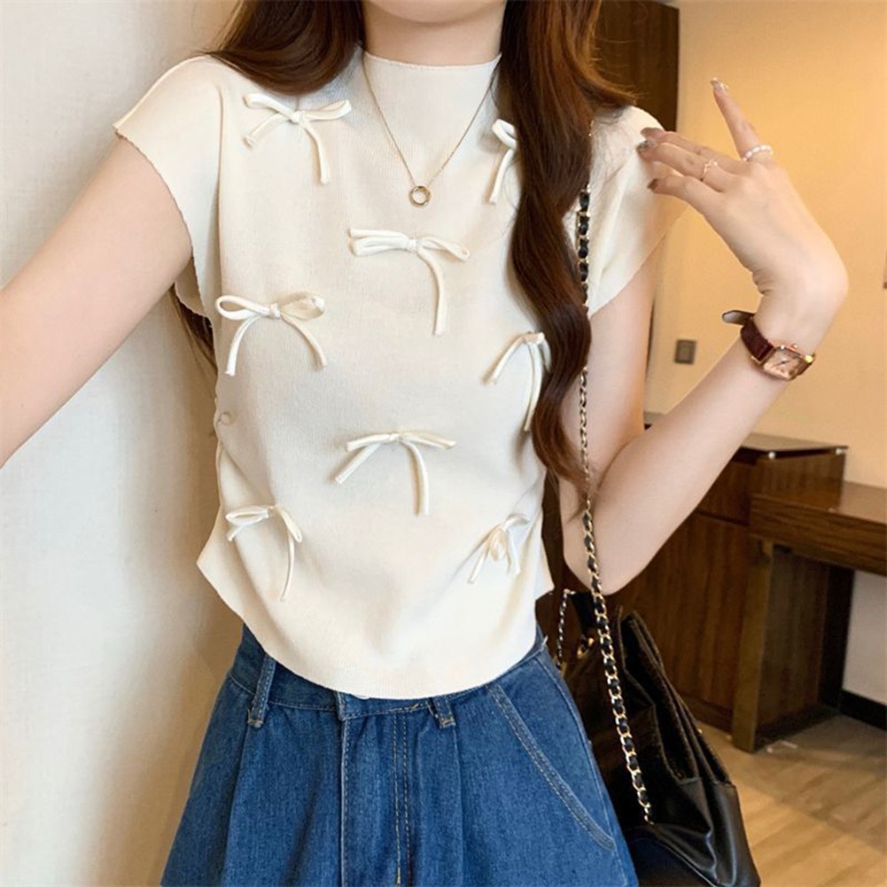 Lightweight Womens Bow Turtleneck Tee with Short Sleeves for Casual Wear - Picture 24 of 27