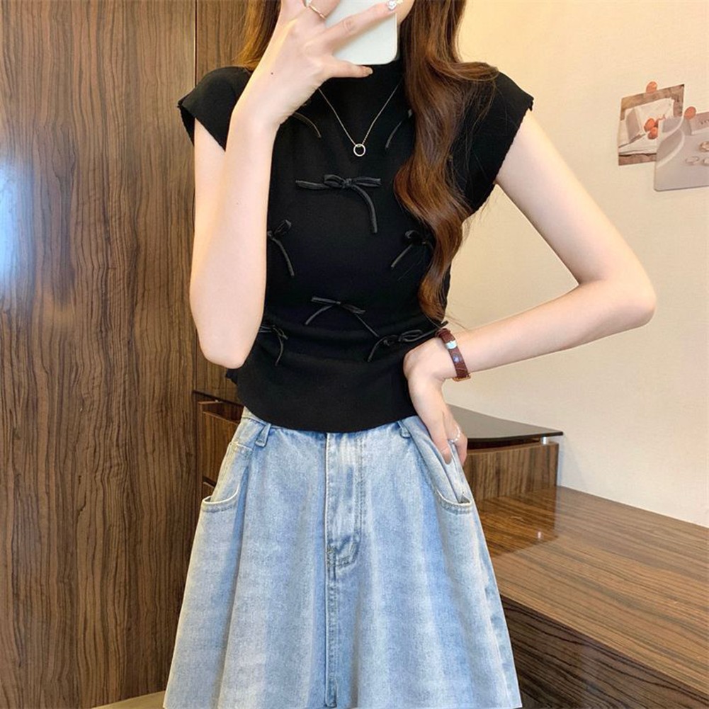 Lightweight Womens Bow Turtleneck Tee with Short Sleeves for Casual Wear - Picture 16 of 27