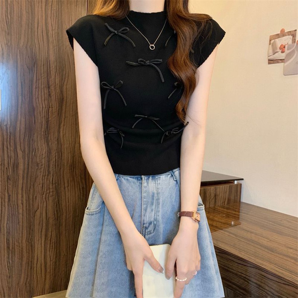Lightweight Womens Bow Turtleneck Tee with Short Sleeves for Casual Wear - Picture 15 of 27