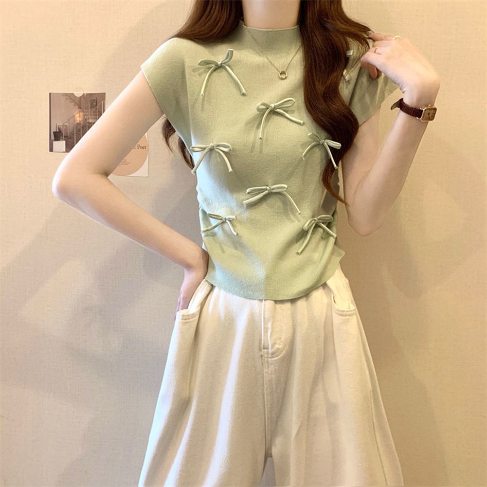 Lightweight Womens Bow Turtleneck Tee with Short Sleeves for Casual Wear - Picture 20 of 27