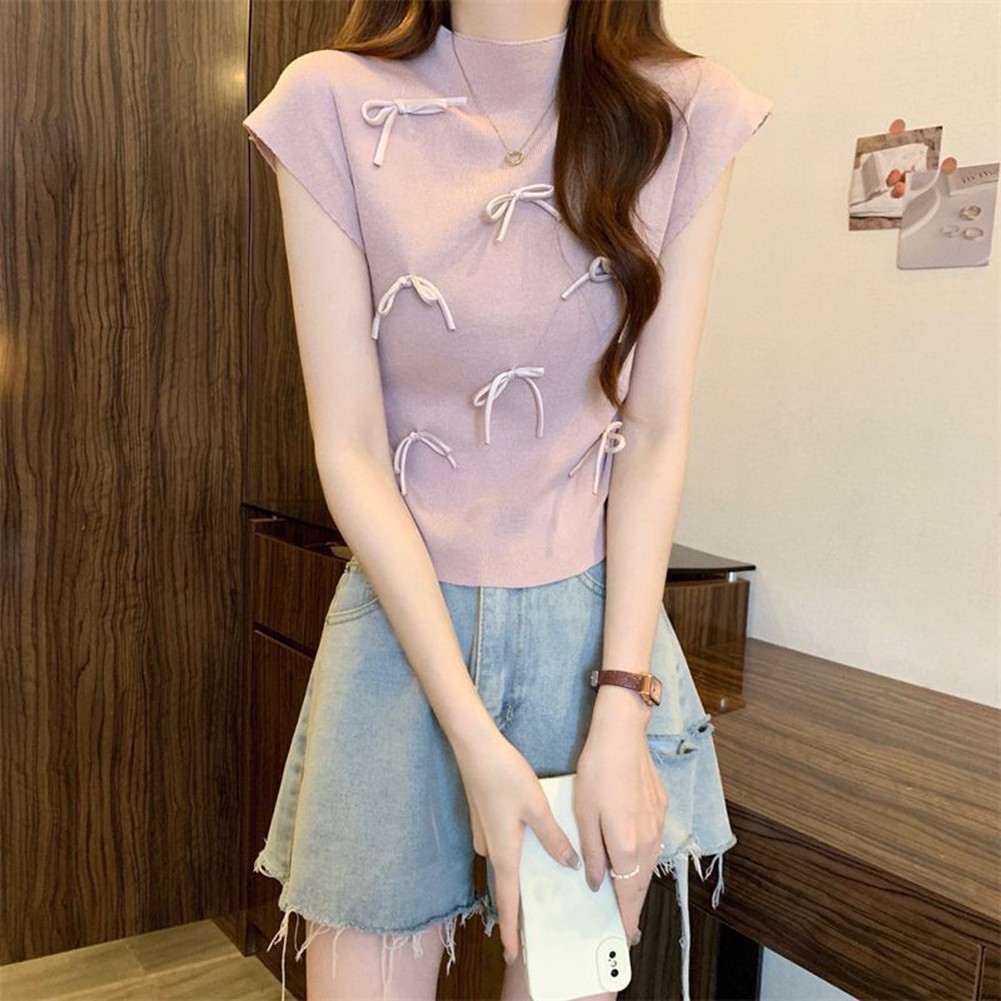 Lightweight Womens Bow Turtleneck Tee with Short Sleeves for Casual Wear - Picture 13 of 27