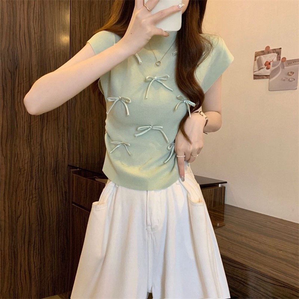 Lightweight Womens Bow Turtleneck Tee with Short Sleeves for Casual Wear - Picture 19 of 27
