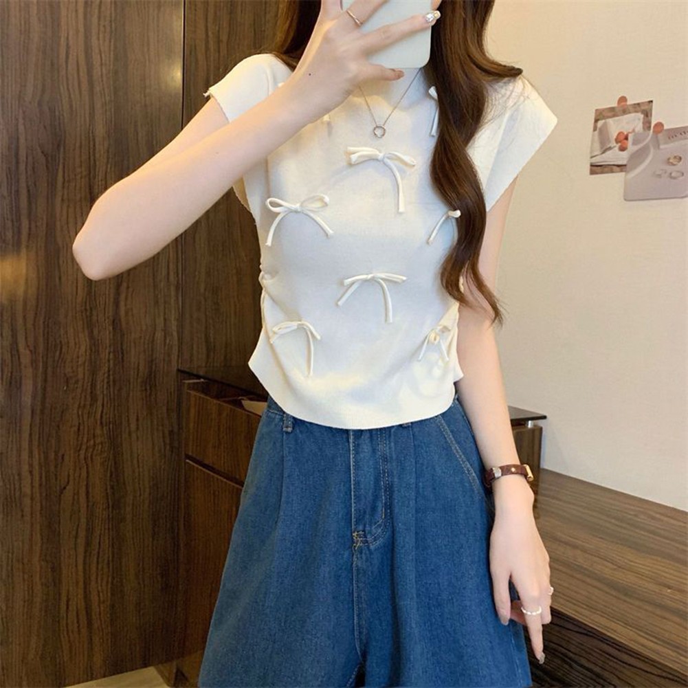Lightweight Womens Bow Turtleneck Tee with Short Sleeves for Casual Wear - Picture 25 of 27