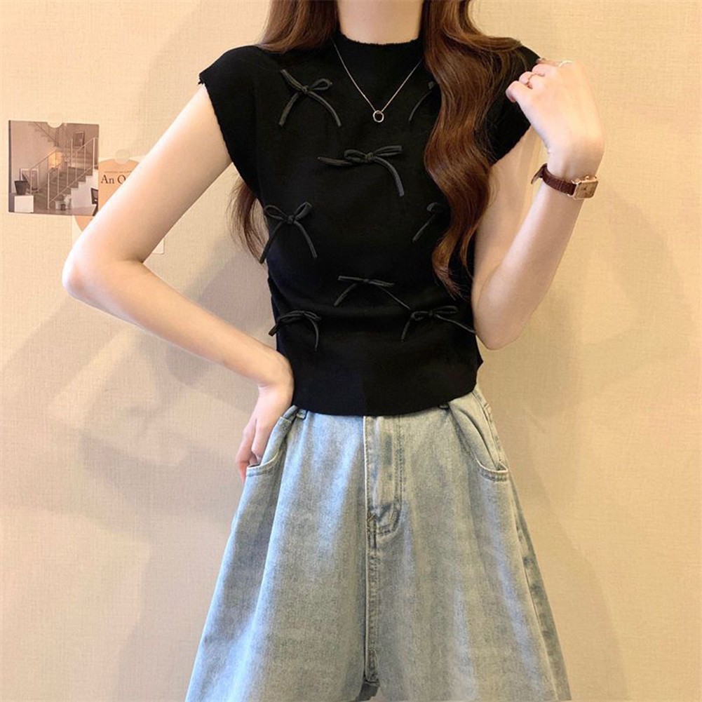 Lightweight Womens Bow Turtleneck Tee with Short Sleeves for Casual Wear - Picture 14 of 27