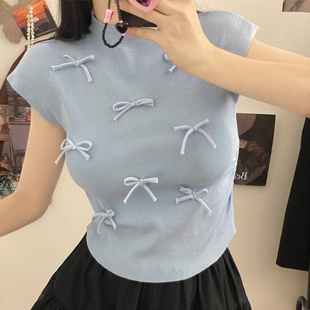 Lightweight Womens Bow Turtleneck Tee with Short Sleeves for Casual Wear - Picture 18 of 27