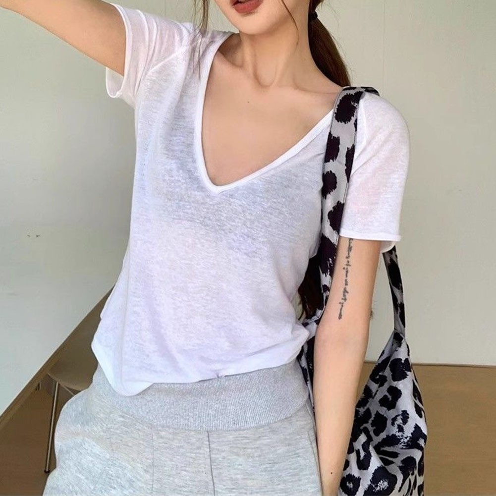 Slightly Sheer V Neck Short Sleeve Top for Women in Fashionable Colors - Picture 14 of 36