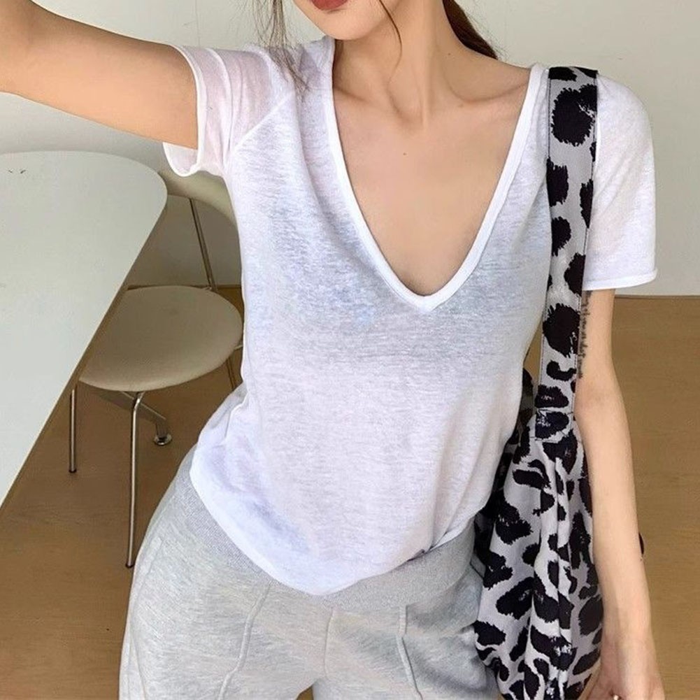 Slightly Sheer V Neck Short Sleeve Top for Women in Fashionable Colors - Picture 13 of 36