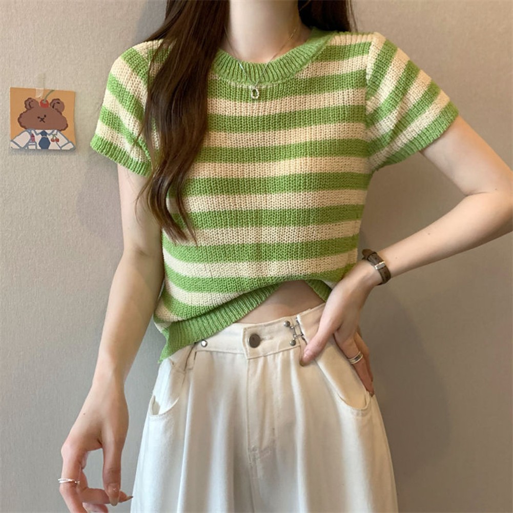 Cute Women O Neck Striped Crop Top with Elasticity Perfect for Weekend Wear
