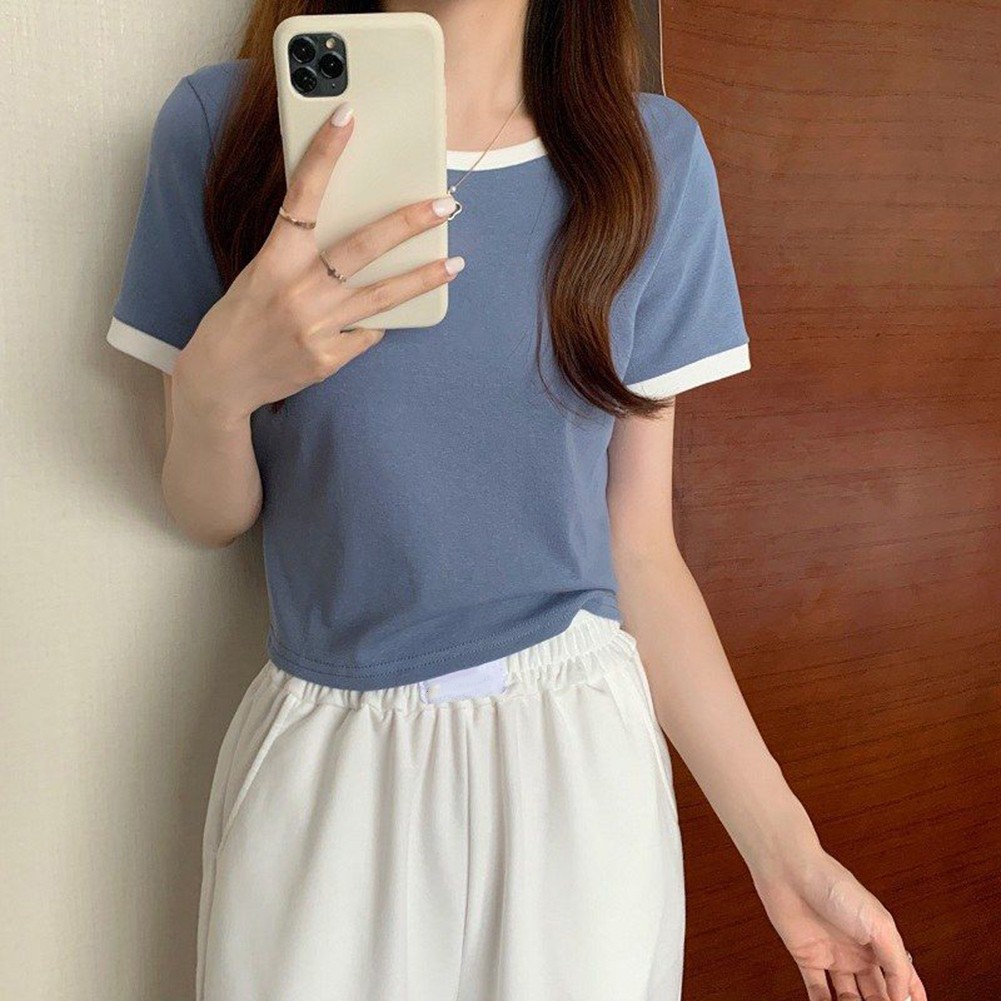 Short Sleeve Casual Tops for Women with Contrast Color Design and Comfort - Picture 16 of 32