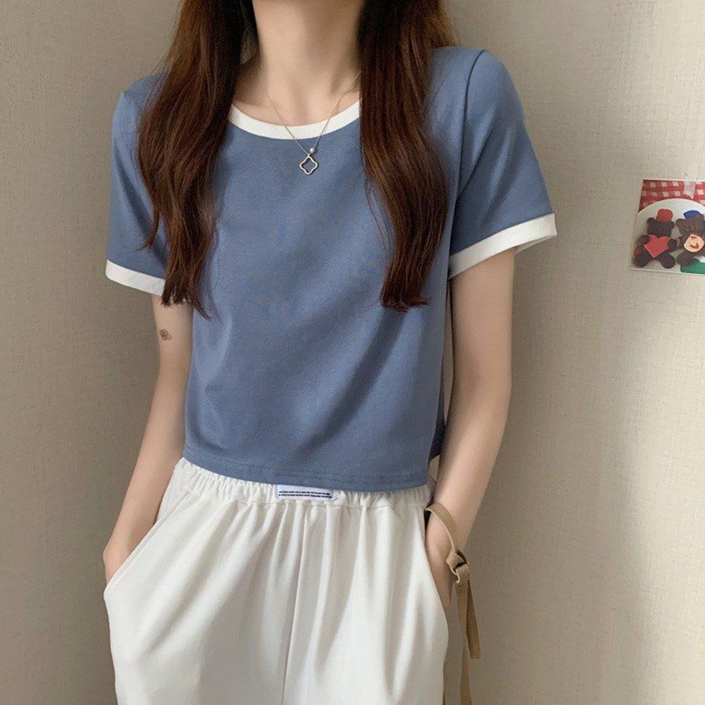 Short Sleeve Casual Tops for Women with Contrast Color Design and Comfort - Picture 15 of 32