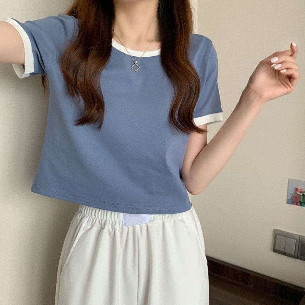 Short Sleeve Casual Tops for Women with Contrast Color Design and Comfort - Picture 17 of 32