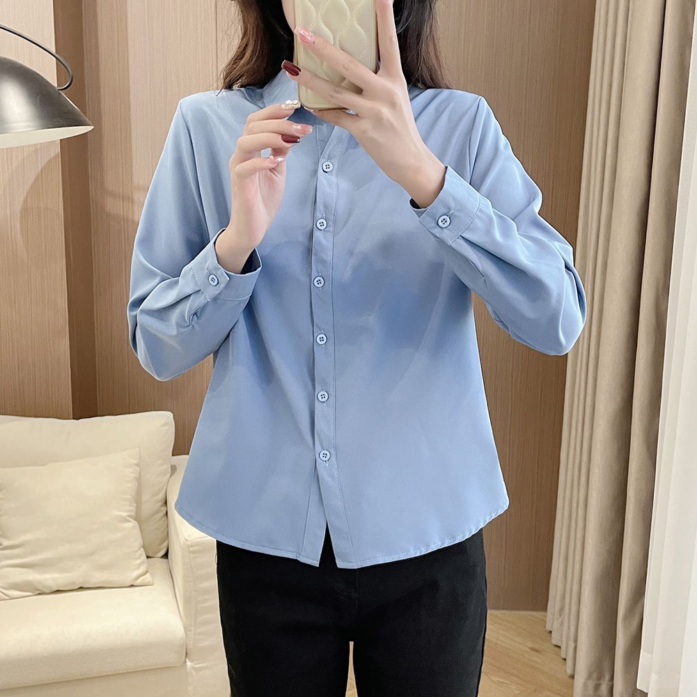 Simple Women's Long Sleeve Shirt Slim Fit Solid Top for Casual Outfits - Picture 18 of 24