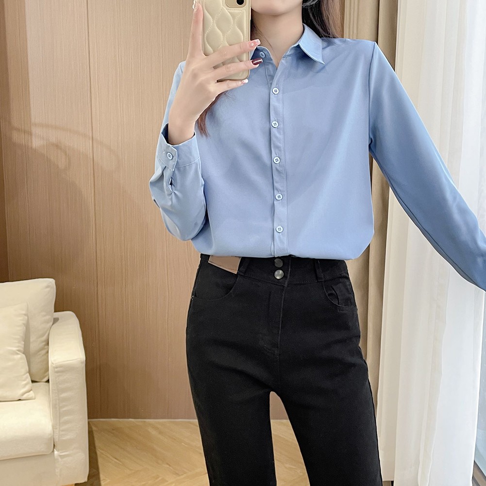Simple Women's Long Sleeve Shirt Slim Fit Solid Top for Casual Outfits - Picture 20 of 24