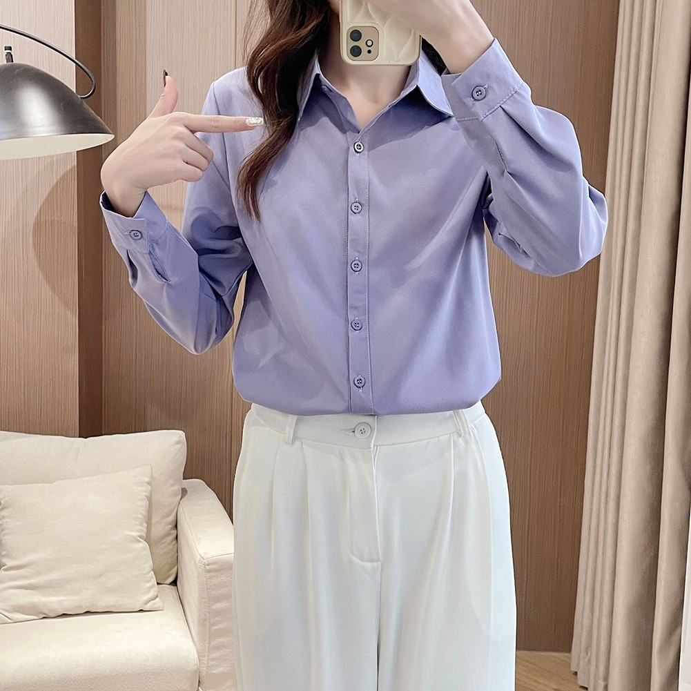 Simple Women's Long Sleeve Shirt Slim Fit Solid Top for Casual Outfits - Picture 22 of 24