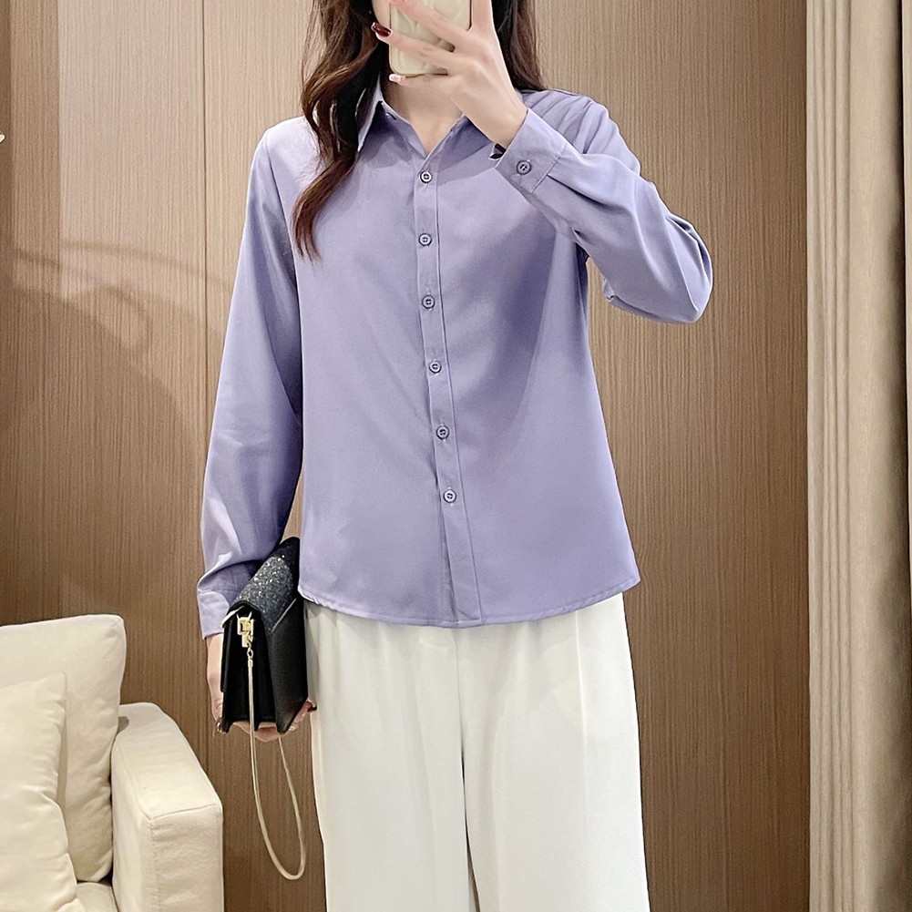 Simple Women's Long Sleeve Shirt Slim Fit Solid Top for Casual Outfits - Picture 23 of 24