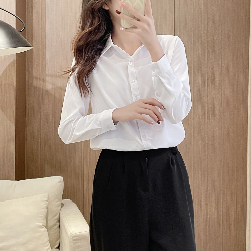 Simple Women's Long Sleeve Shirt Slim Fit Solid Top for Casual Outfits - Picture 12 of 24