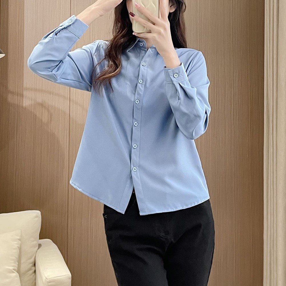 Simple Women's Long Sleeve Shirt Slim Fit Solid Top for Casual Outfits - Picture 19 of 24