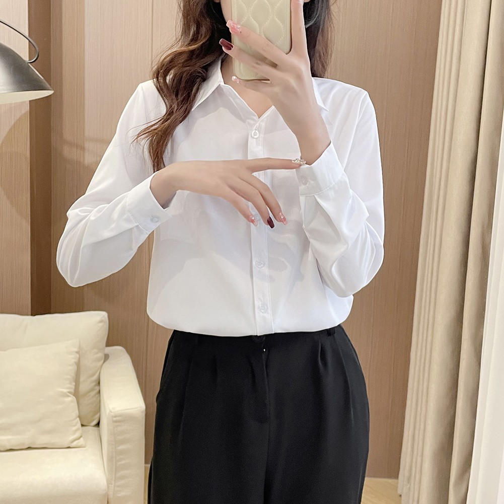 Simple Women's Long Sleeve Shirt Slim Fit Solid Top for Casual Outfits - Picture 11 of 24
