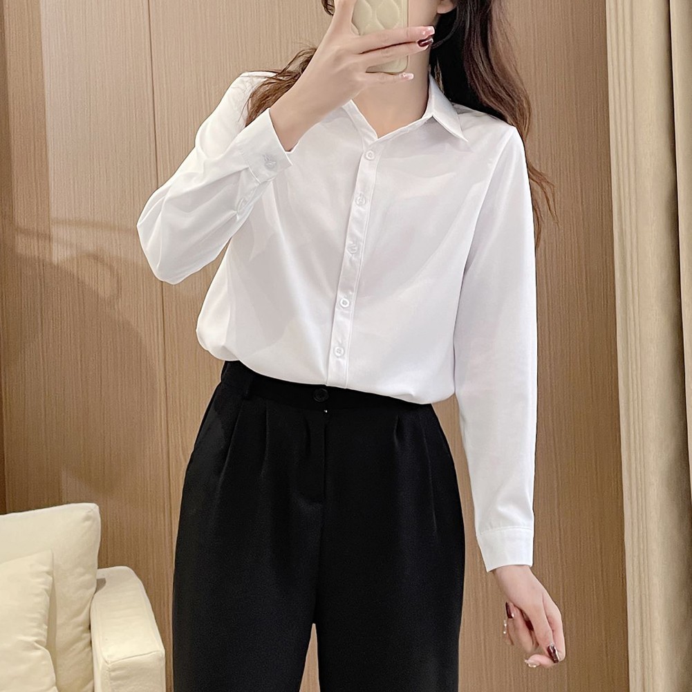 Simple Women's Long Sleeve Shirt Slim Fit Solid Top for Casual Outfits - Picture 13 of 24
