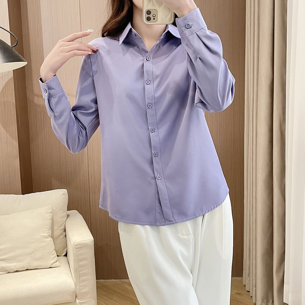 Simple Women's Long Sleeve Shirt Slim Fit Solid Top for Casual Outfits - Picture 24 of 24