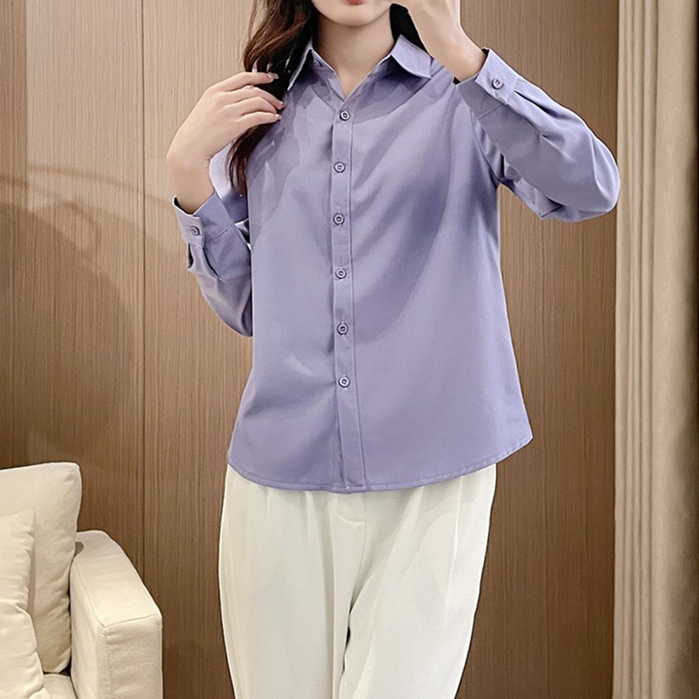 Simple Women's Long Sleeve Shirt Slim Fit Solid Top for Casual Outfits - Picture 21 of 24