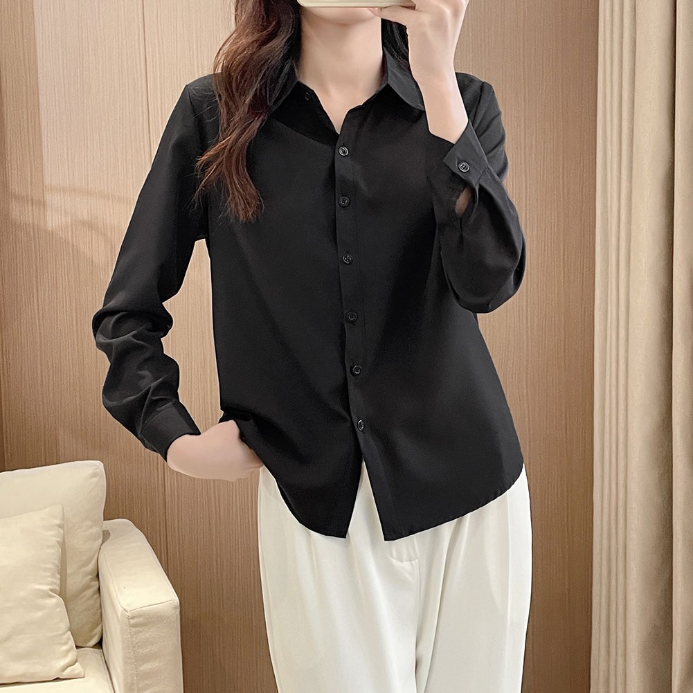 Simple Women's Long Sleeve Shirt Slim Fit Solid Top for Casual Outfits - Picture 14 of 24