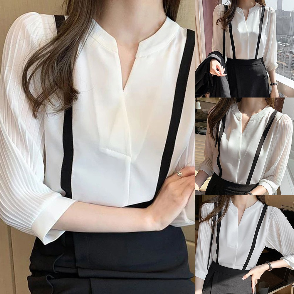 Chiffon Splicing Tops for Ladies with V Neck and Three Quarter Sleeves