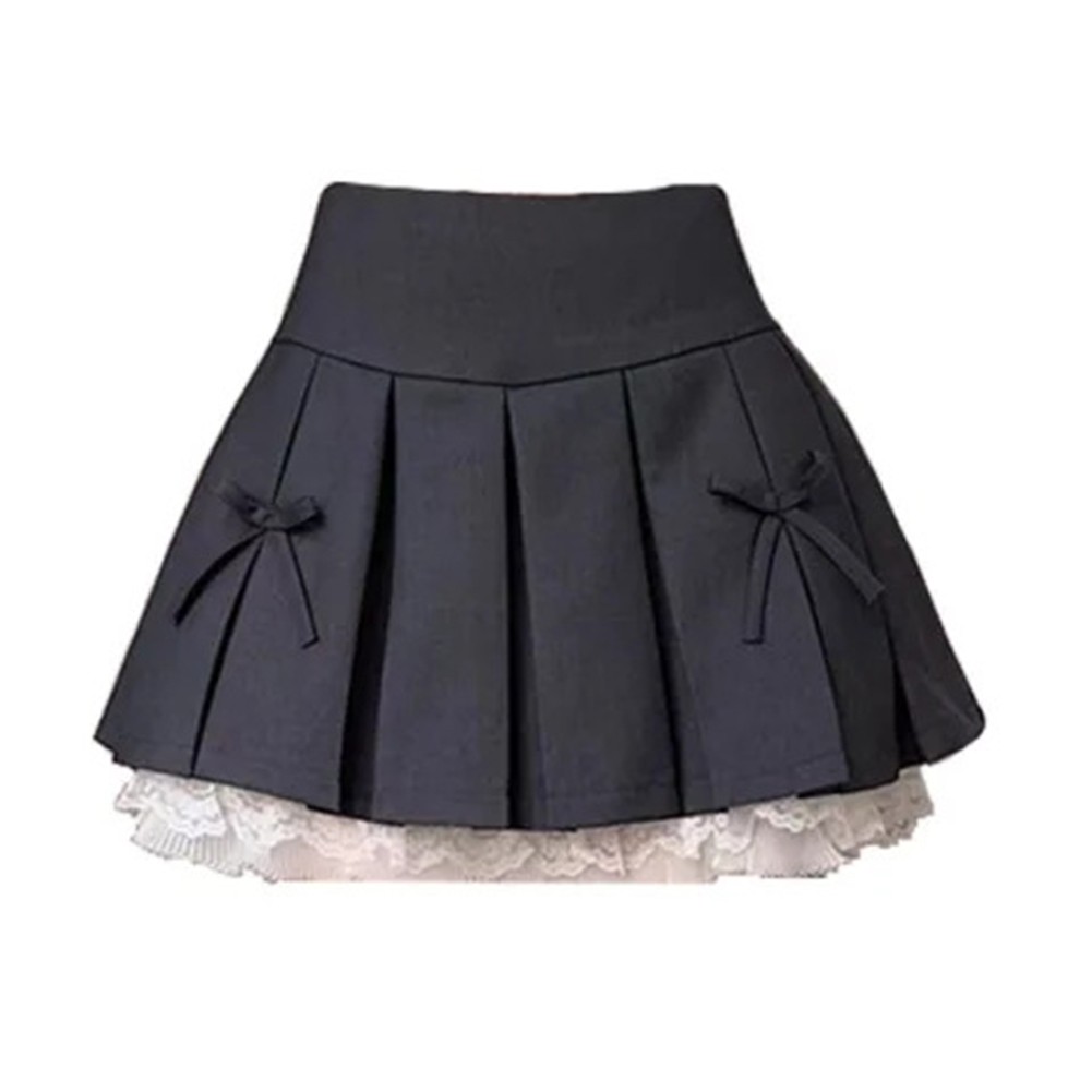 Lace and Ruffle Design Short Skirt for Women with High Waist and Bow Accent
