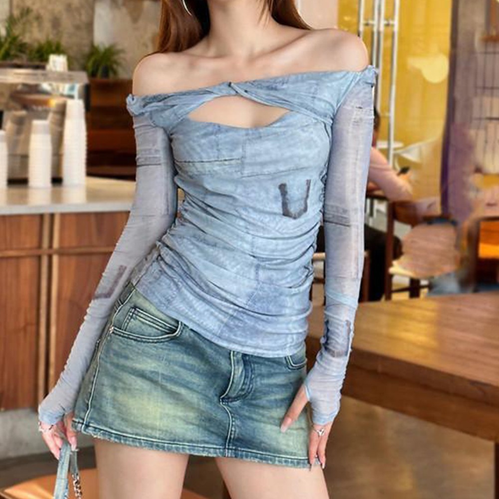 Fashionable One Shoulder Mesh Top in Blue Ideal for Spring and Autumn Outfits - Picture 7 of 9