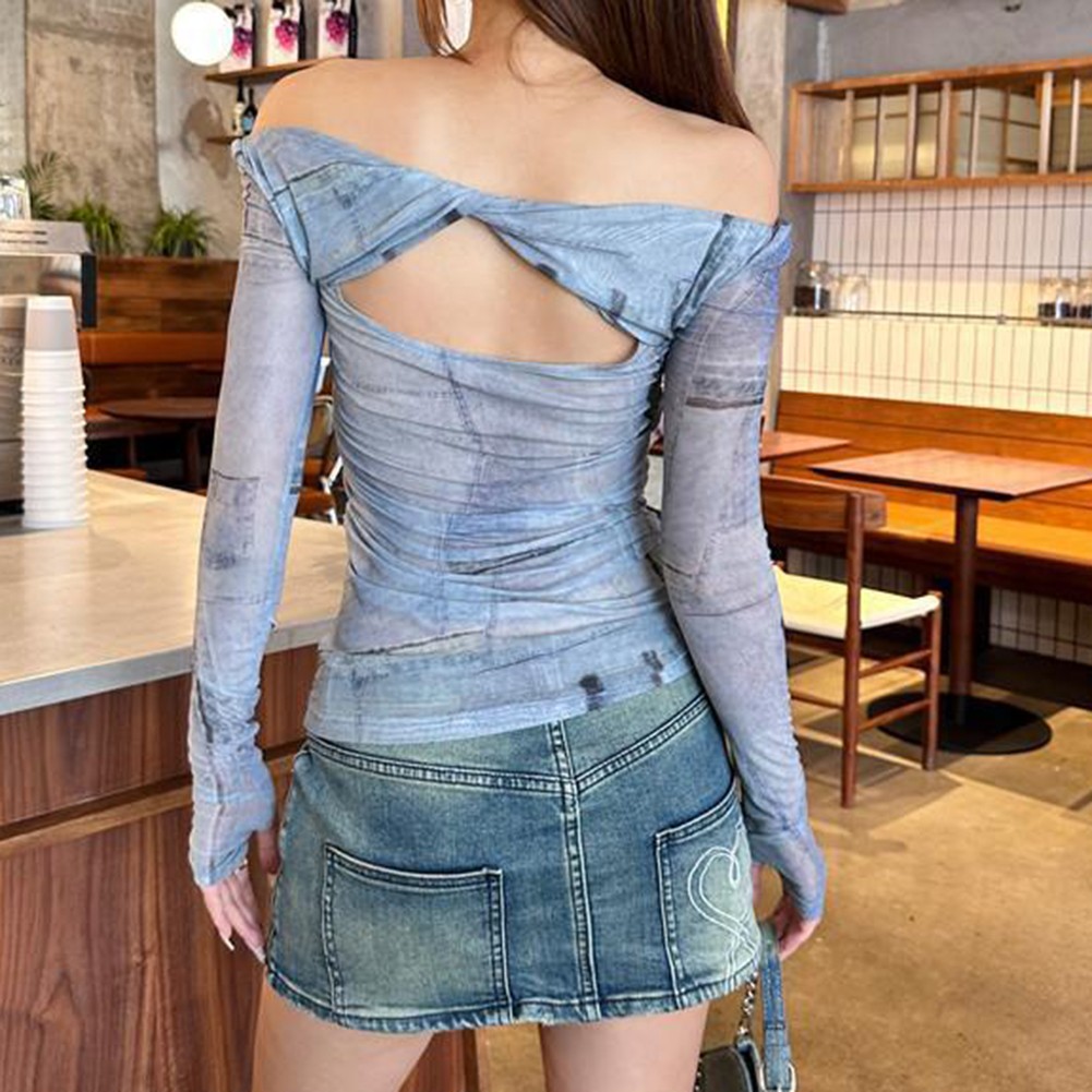 Fashionable One Shoulder Mesh Top in Blue Ideal for Spring and Autumn Outfits - Picture 9 of 9