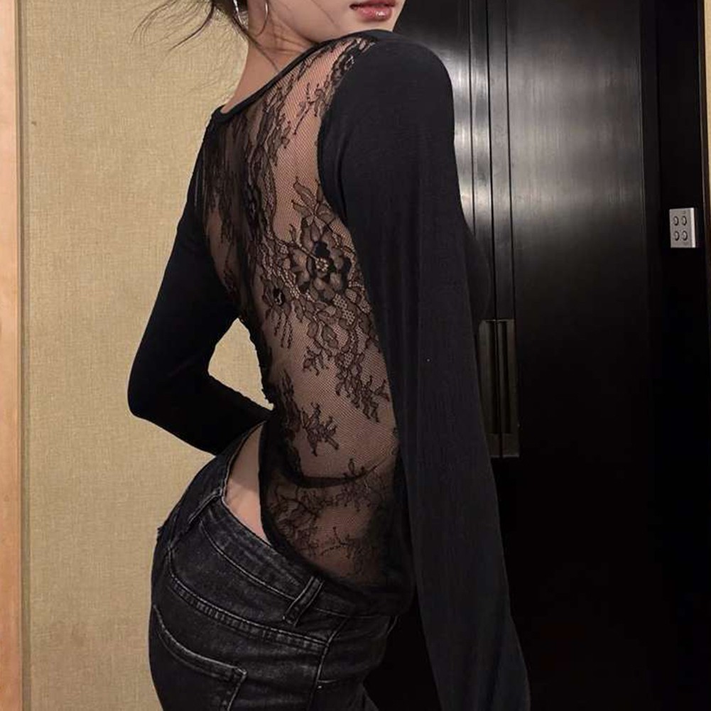 Black V Neck T Shirt for Women featuring Lace Stitching and Hollow Back - Picture 15 of 32