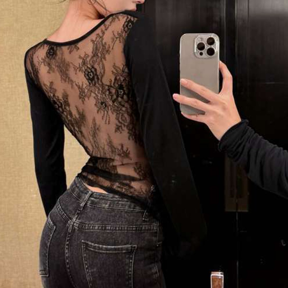 Black V Neck T Shirt for Women featuring Lace Stitching and Hollow Back - Picture 13 of 32