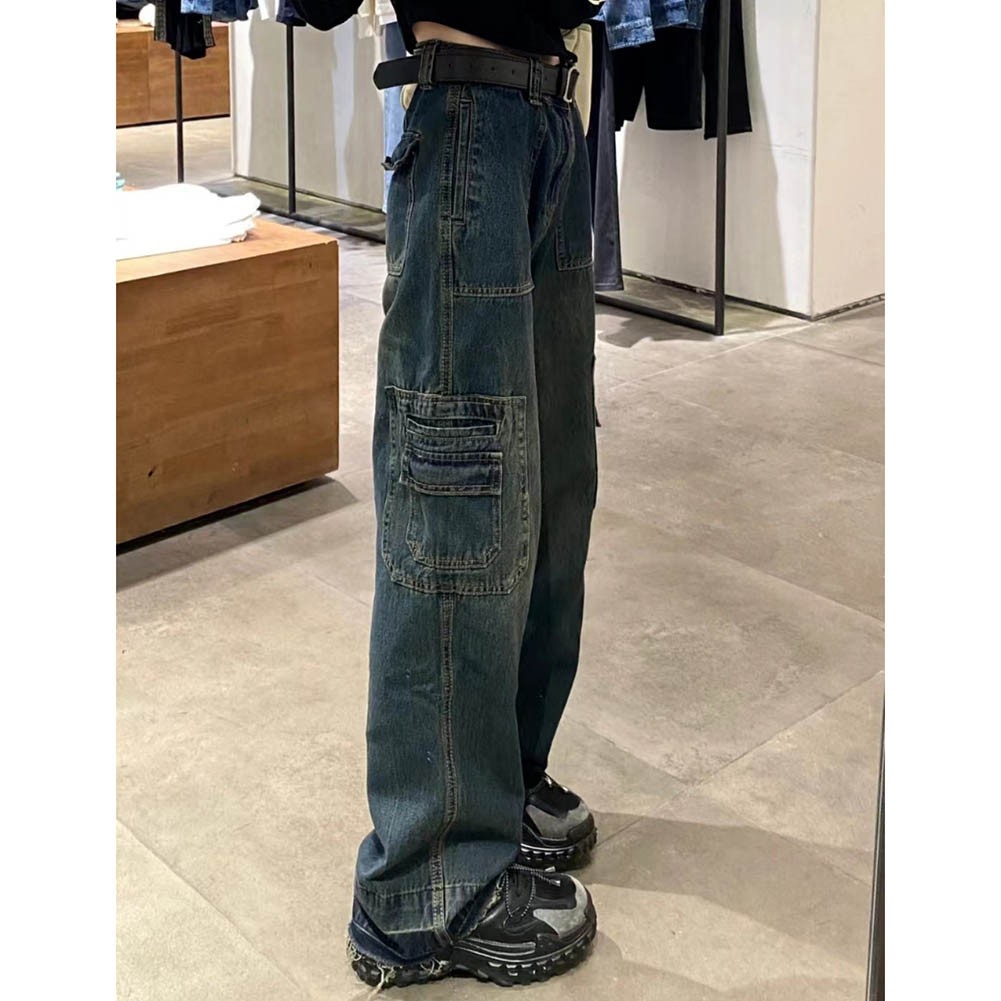 Women's Cargo Jeans in Retro Wash with 6 Pockets and Loose Straight Leg Design - Picture 22 of 52