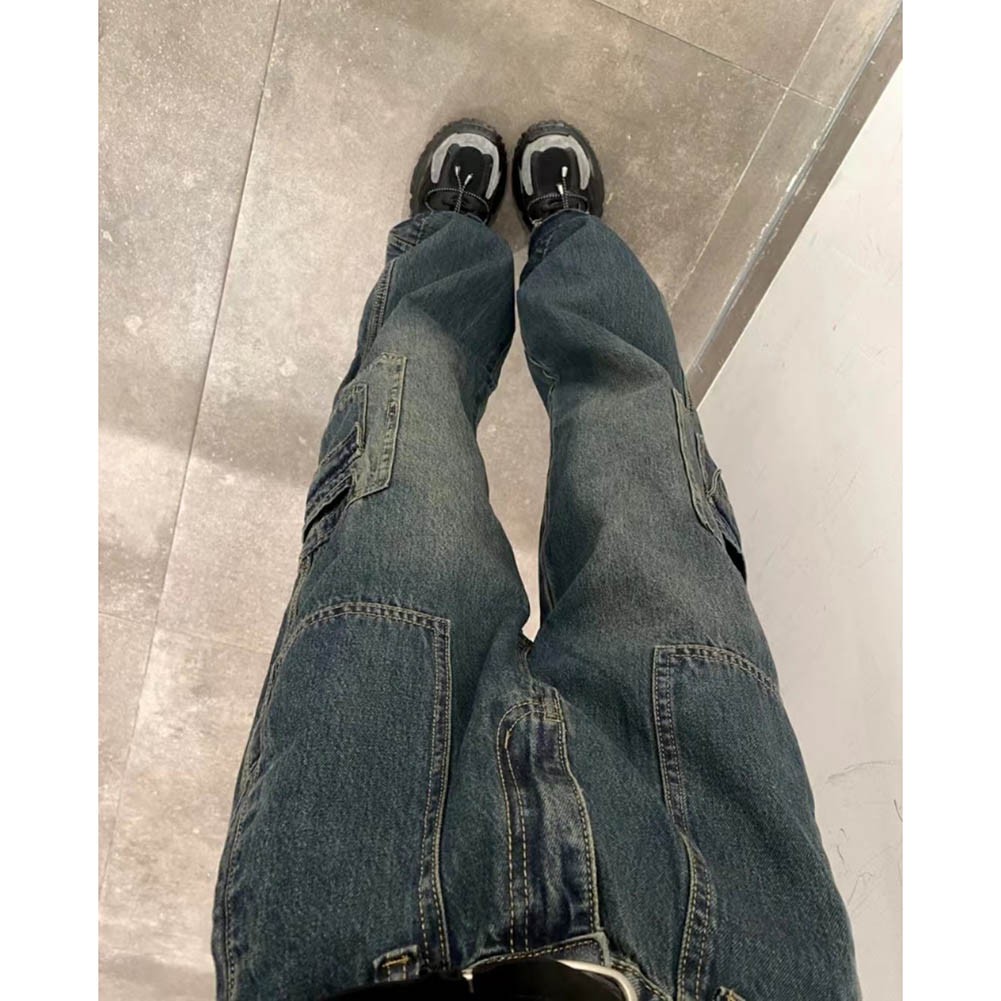 Women's Cargo Jeans in Retro Wash with 6 Pockets and Loose Straight Leg Design - Picture 21 of 52