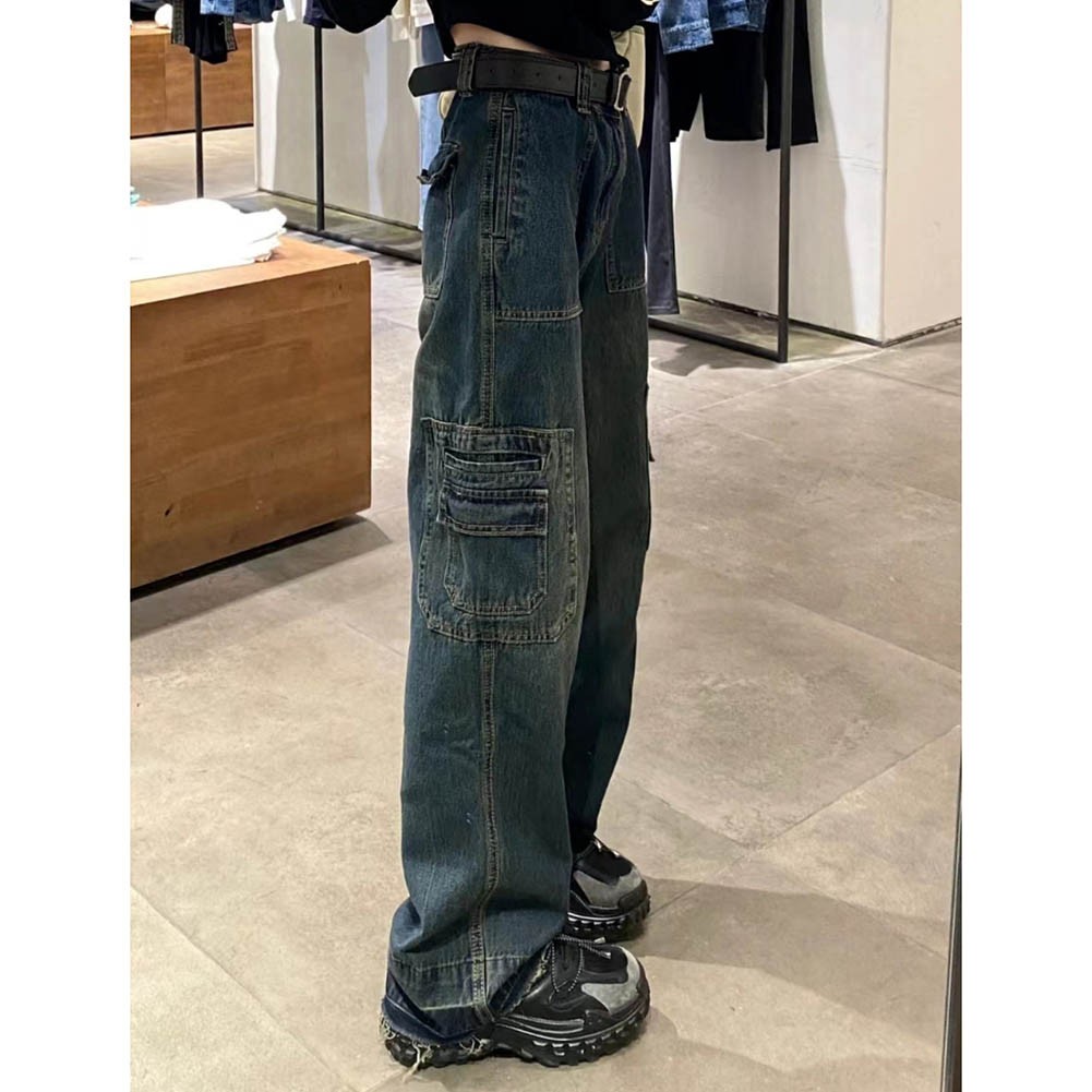Women's Cargo Jeans in Retro Wash with 6 Pockets and Loose Straight Leg Design - Picture 13 of 52